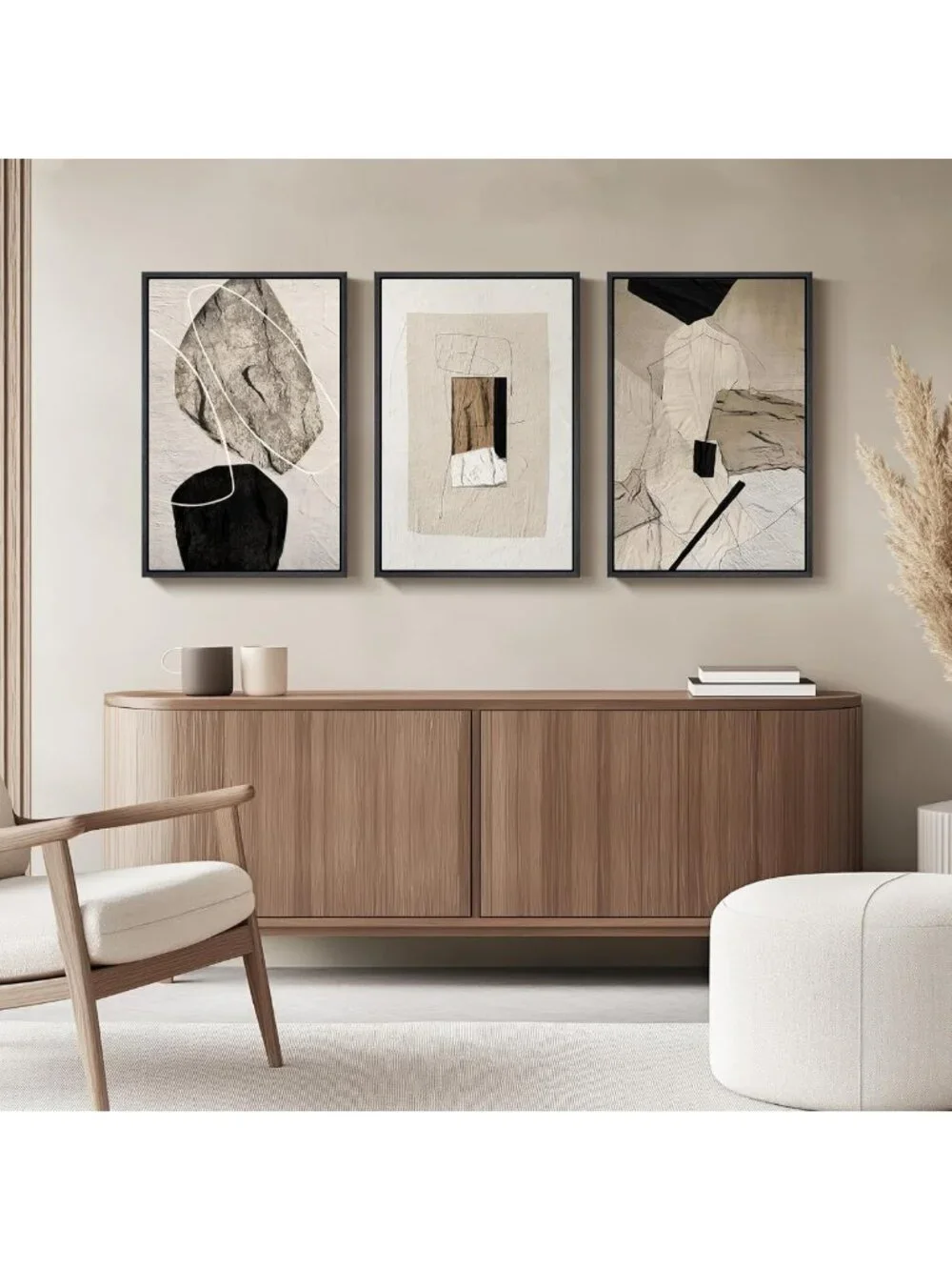 Set of 3 Framed Modern Minimalist Neutral Abstract Wall Art Prints, 16x24 In